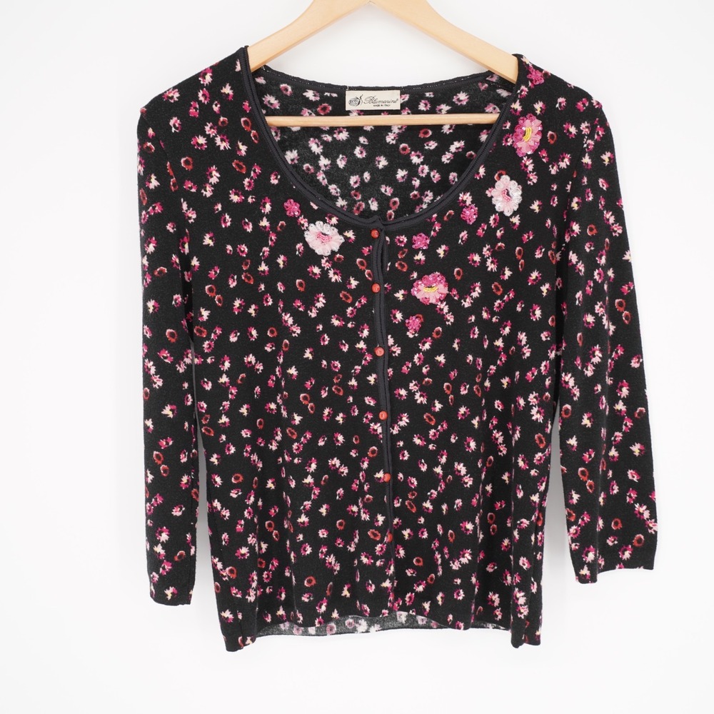 Vintage Blumarine  Y2K Floral Cardigan Womens S Black Pink Beaded Sequin Italy